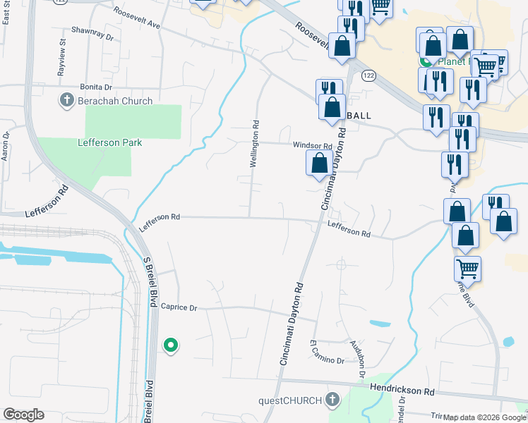 map of restaurants, bars, coffee shops, grocery stores, and more near 4909 Lefferson Road in Middletown