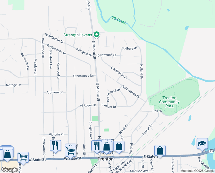 map of restaurants, bars, coffee shops, grocery stores, and more near 418 Redwood Drive in Trenton