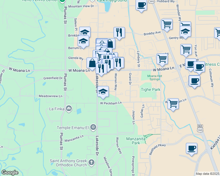 map of restaurants, bars, coffee shops, grocery stores, and more near 3675 Warren Way in Reno