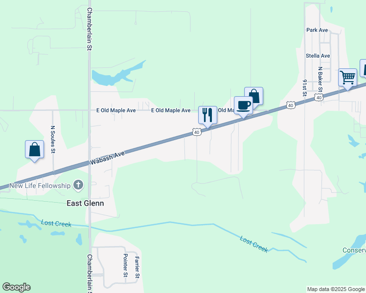 map of restaurants, bars, coffee shops, grocery stores, and more near 9 Glenn Ayre Street in Terre Haute