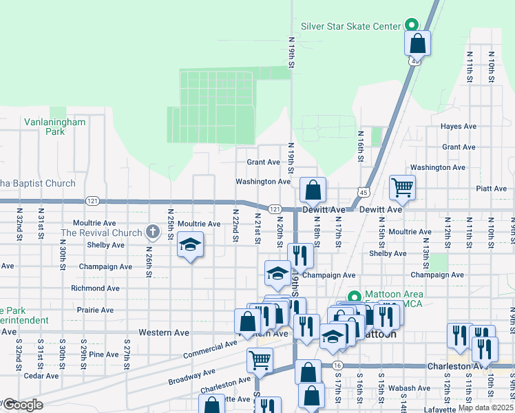 map of restaurants, bars, coffee shops, grocery stores, and more near 698 N 21st St in Mattoon