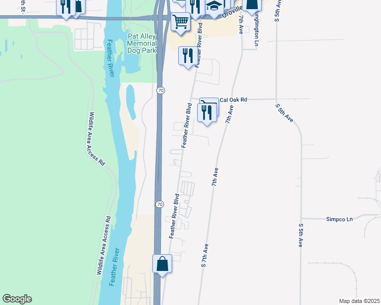 map of restaurants, bars, coffee shops, grocery stores, and more near Feather River Boulevard in Oroville