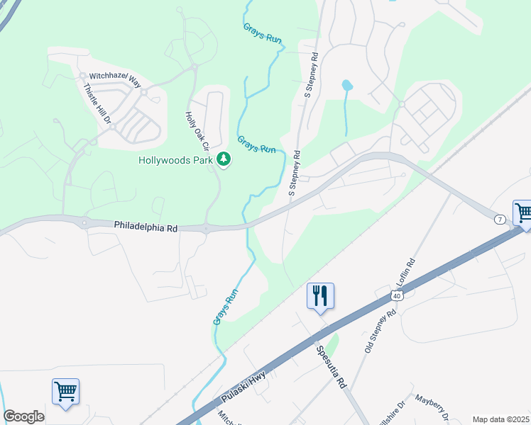 map of restaurants, bars, coffee shops, grocery stores, and more near 1506 Old Philadelphia Road in Aberdeen