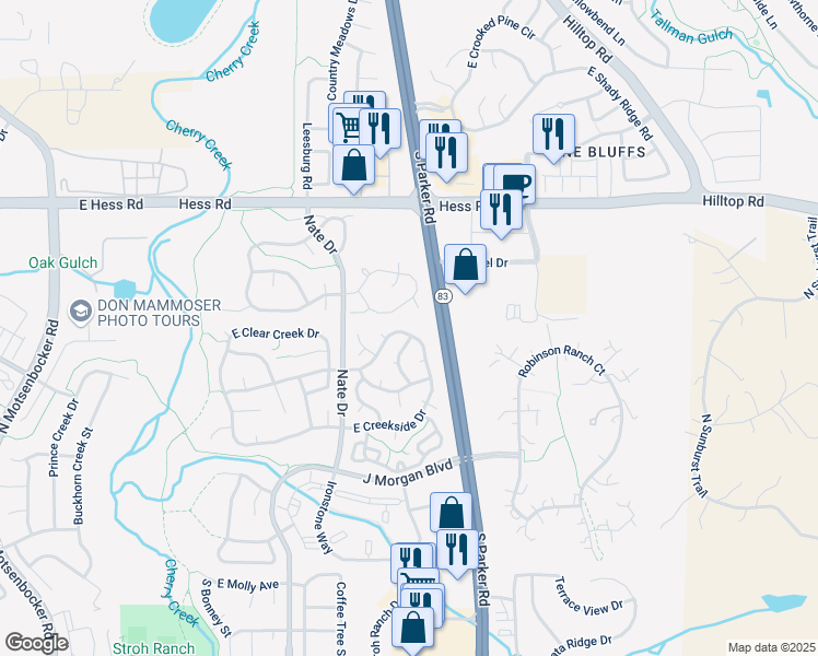 map of restaurants, bars, coffee shops, grocery stores, and more near 19579 East Elk Creek Drive in Parker