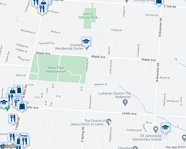 map of restaurants, bars, coffee shops, grocery stores, and more near 2094 Meadow Drive in Vineland