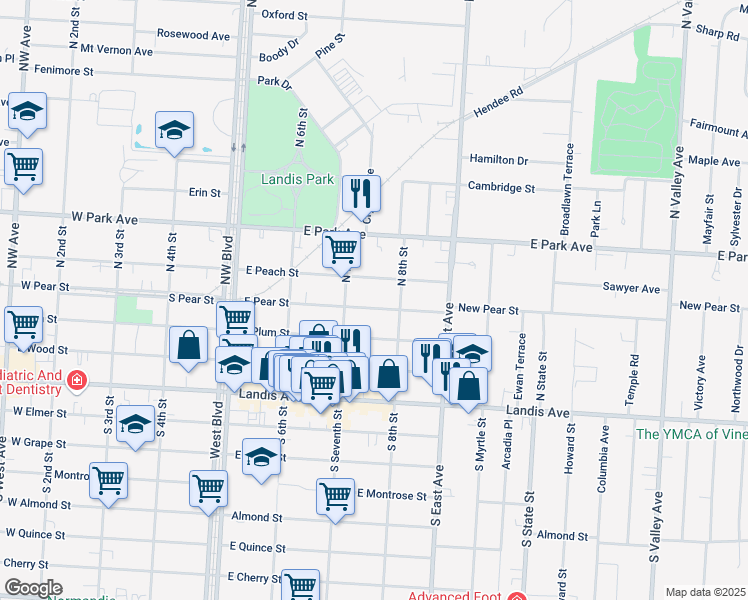 map of restaurants, bars, coffee shops, grocery stores, and more near 724 East Pear Street in Vineland