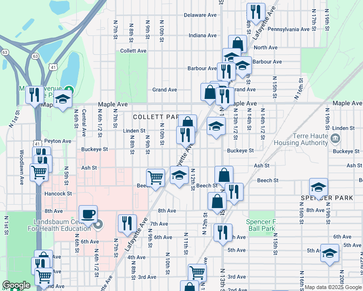 map of restaurants, bars, coffee shops, grocery stores, and more near 1840 North 11th Street in Terre Haute