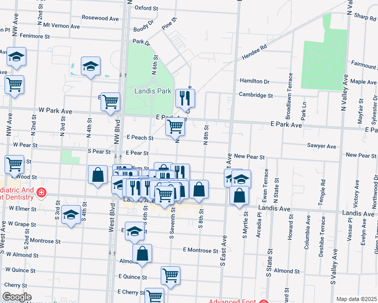 map of restaurants, bars, coffee shops, grocery stores, and more near 724 East Pear Street in Vineland