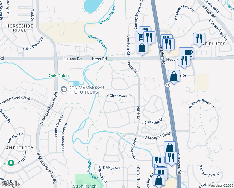 map of restaurants, bars, coffee shops, grocery stores, and more near 19111 East Clear Creek Drive in Parker