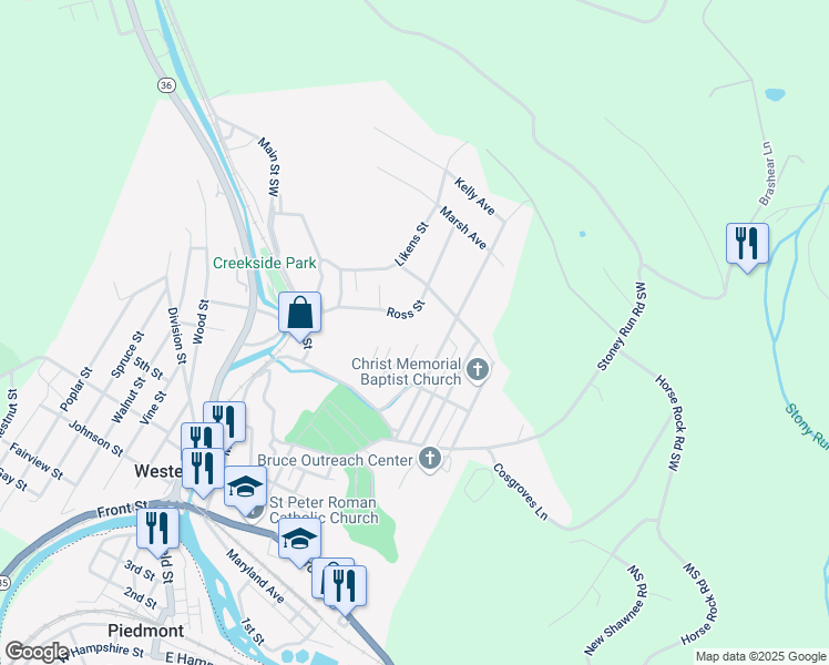 map of restaurants, bars, coffee shops, grocery stores, and more near 210 Quality Street in Westernport