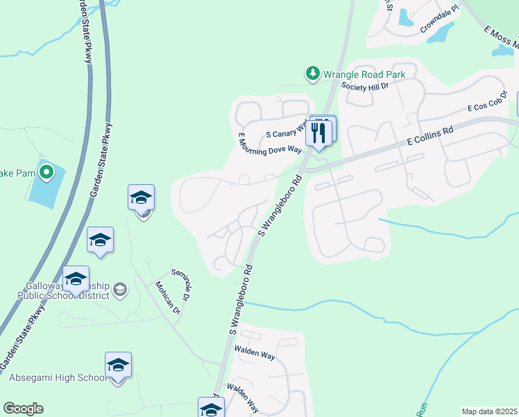 map of restaurants, bars, coffee shops, grocery stores, and more near 165 South Wrangleboro Road in Galloway