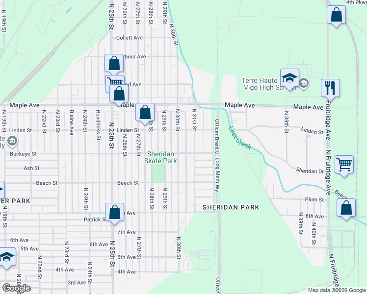 map of restaurants, bars, coffee shops, grocery stores, and more near 2002 North 30th Street in Terre Haute