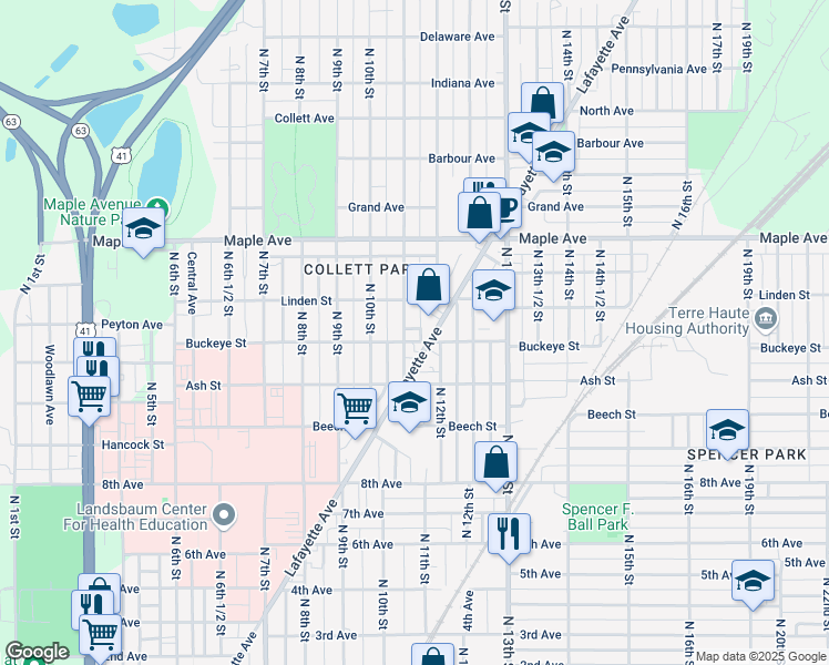 map of restaurants, bars, coffee shops, grocery stores, and more near 1840 North 11th Street in Terre Haute