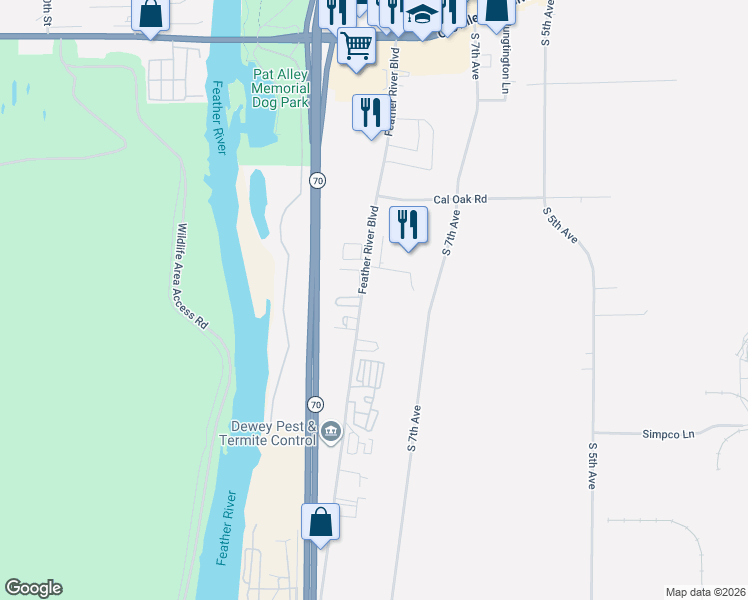 map of restaurants, bars, coffee shops, grocery stores, and more near Feather River Boulevard in Oroville