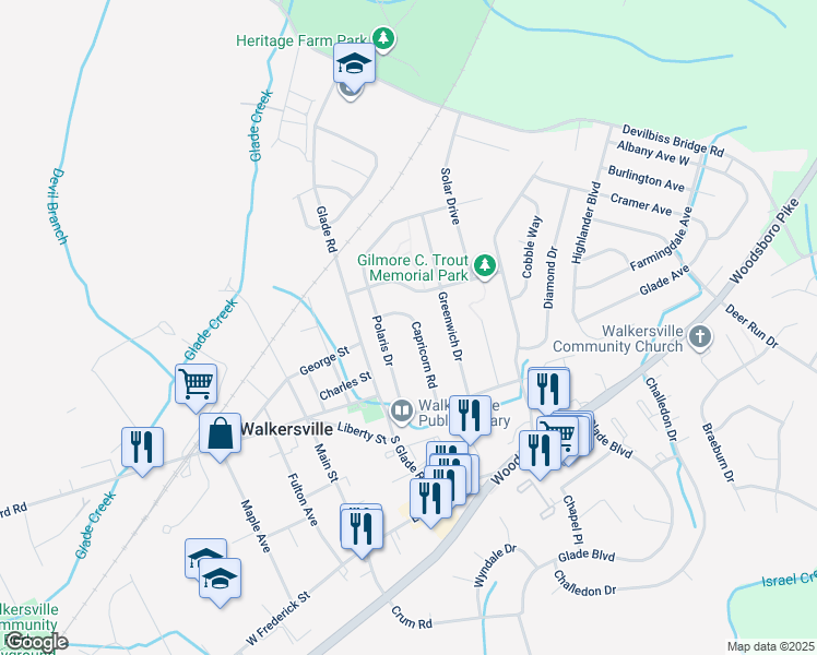 map of restaurants, bars, coffee shops, grocery stores, and more near 127 Capricorn Road in Walkersville