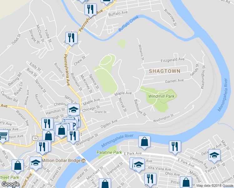 map of restaurants, bars, coffee shops, grocery stores, and more near 465 Maple Avenue in Fairmont