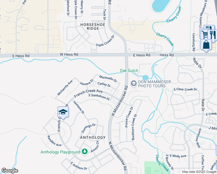 map of restaurants, bars, coffee shops, grocery stores, and more near 18188 French Creek Avenue in Parker