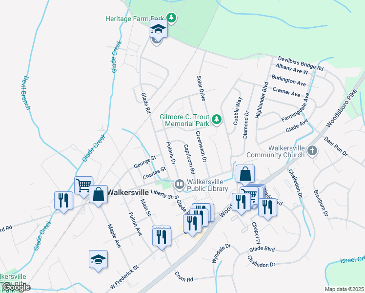 map of restaurants, bars, coffee shops, grocery stores, and more near 127 Capricorn Road in Walkersville