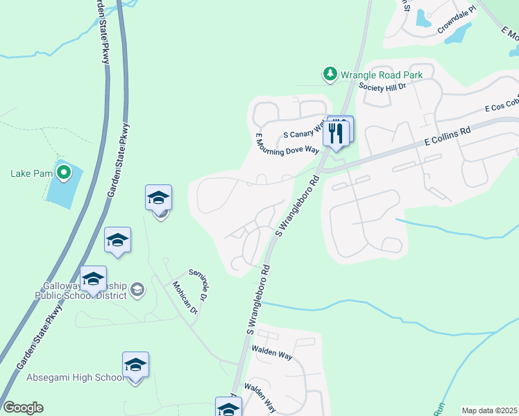 map of restaurants, bars, coffee shops, grocery stores, and more near 56 Shawnee Place in Galloway