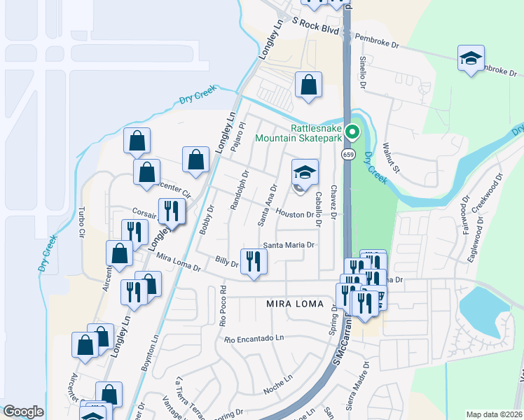 map of restaurants, bars, coffee shops, grocery stores, and more near 2934 South Escondido Court in Reno
