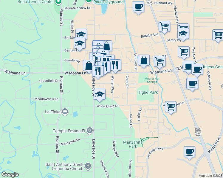 map of restaurants, bars, coffee shops, grocery stores, and more near 3690 Warren Way in Reno