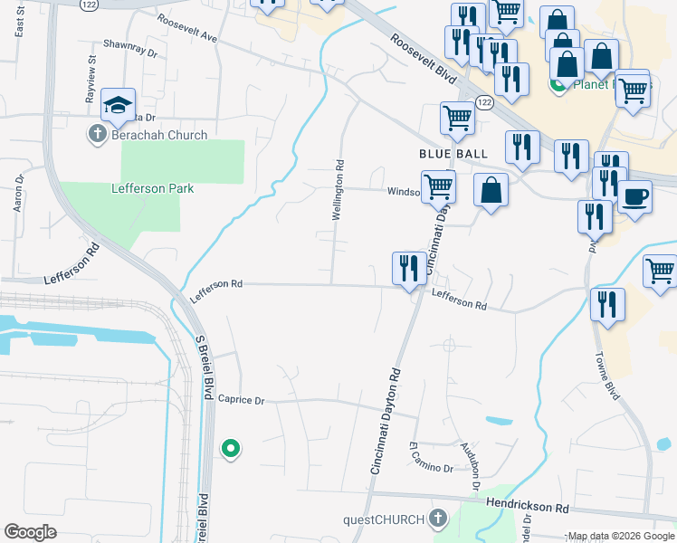 map of restaurants, bars, coffee shops, grocery stores, and more near 4909 Lefferson Road in Middletown