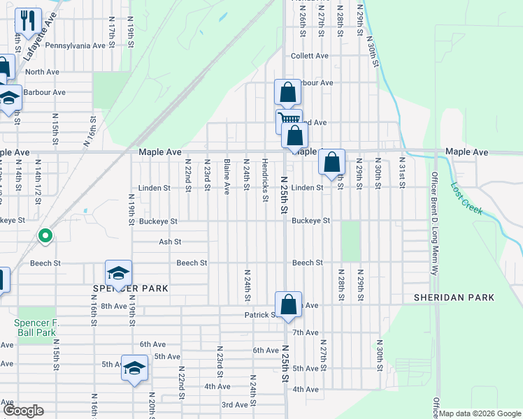 map of restaurants, bars, coffee shops, grocery stores, and more near 1949 North 24th Street in Terre Haute