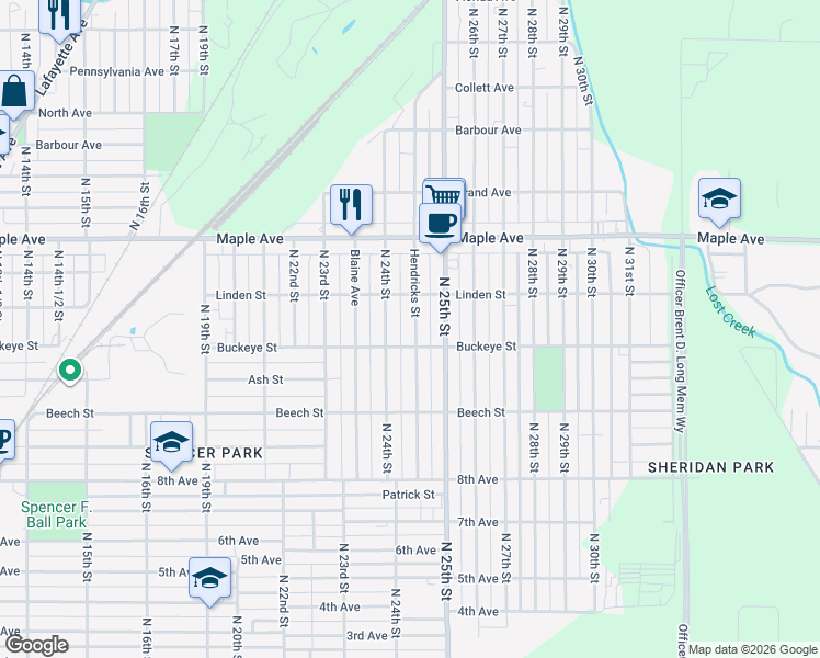 map of restaurants, bars, coffee shops, grocery stores, and more near 1949 North 24th Street in Terre Haute