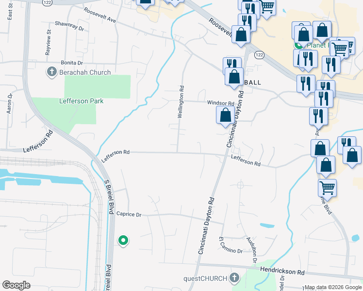map of restaurants, bars, coffee shops, grocery stores, and more near 4909 Lefferson Road in Middletown