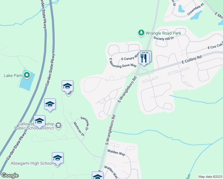 map of restaurants, bars, coffee shops, grocery stores, and more near 59 Shawnee Place in Galloway