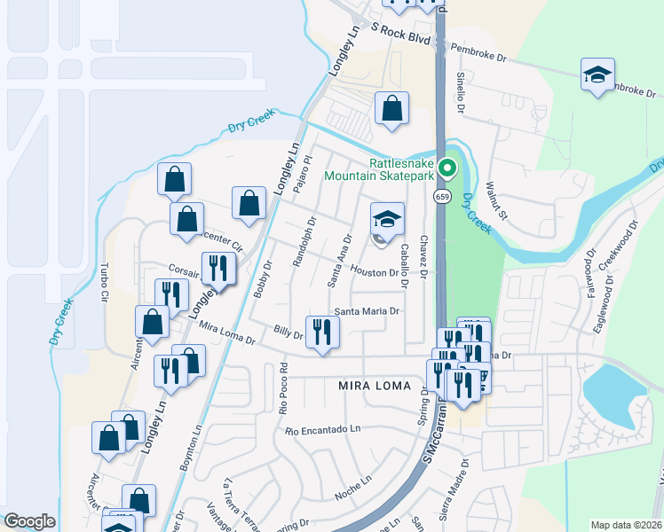 map of restaurants, bars, coffee shops, grocery stores, and more near 2934 South Escondido Court in Reno