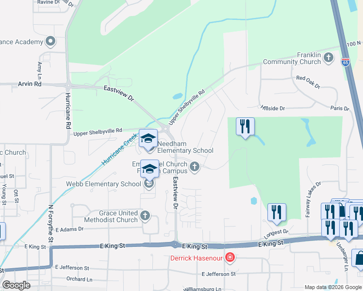 map of restaurants, bars, coffee shops, grocery stores, and more near 3513-3553 Eastview Dr in Franklin