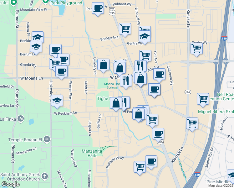 map of restaurants, bars, coffee shops, grocery stores, and more near 3701 Baker Lane in Reno
