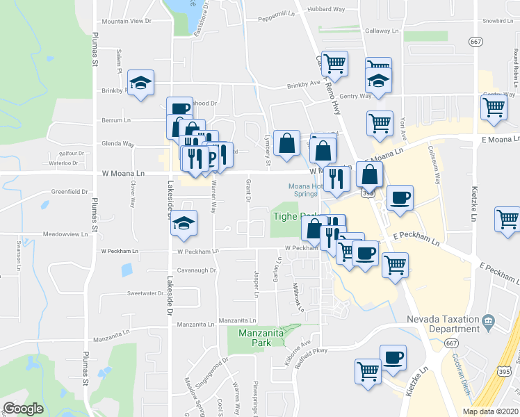 map of restaurants, bars, coffee shops, grocery stores, and more near 3680 Grant Drive in Reno