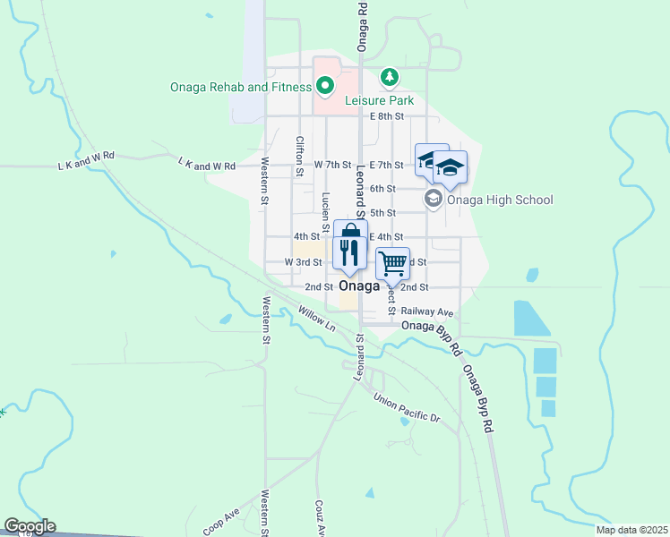 map of restaurants, bars, coffee shops, grocery stores, and more near 116 West 2nd Street in Onaga