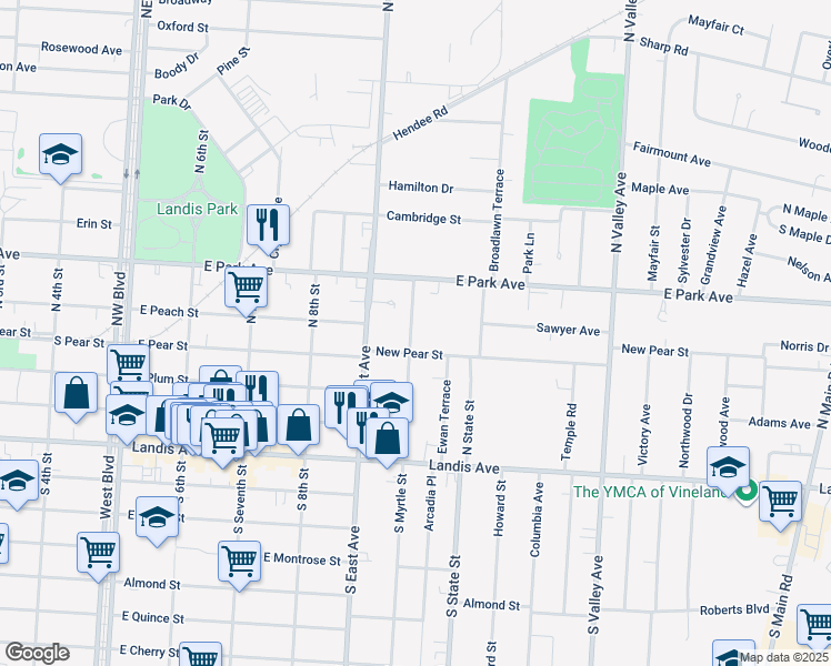 map of restaurants, bars, coffee shops, grocery stores, and more near 47 North Myrtle Street in Vineland