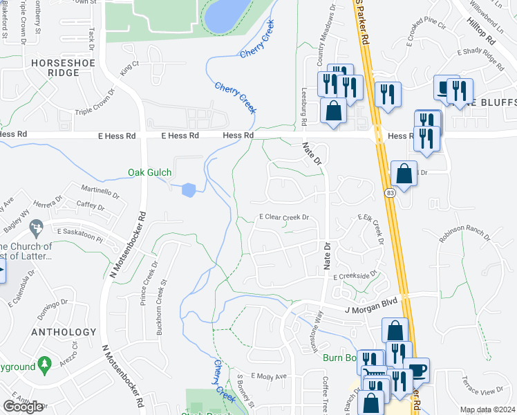 map of restaurants, bars, coffee shops, grocery stores, and more near 19016 East Bellisario Creek Place in Parker
