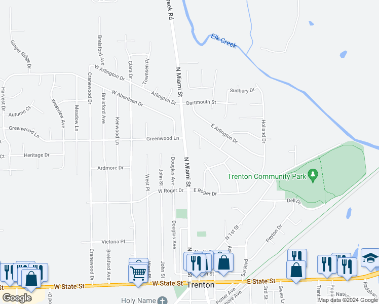 map of restaurants, bars, coffee shops, grocery stores, and more near 428 North Miami Street in Trenton