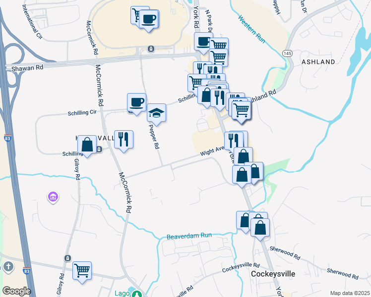 map of restaurants, bars, coffee shops, grocery stores, and more near 40 Wight Avenue in Cockeysville