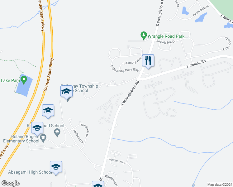 map of restaurants, bars, coffee shops, grocery stores, and more near 165 South Wrangleboro Road in Galloway