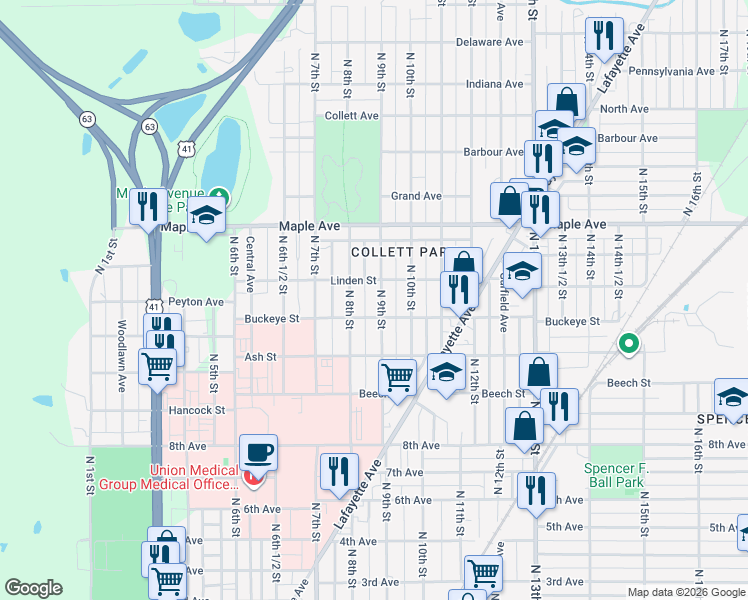 map of restaurants, bars, coffee shops, grocery stores, and more near 1840 North 9th Street in Terre Haute