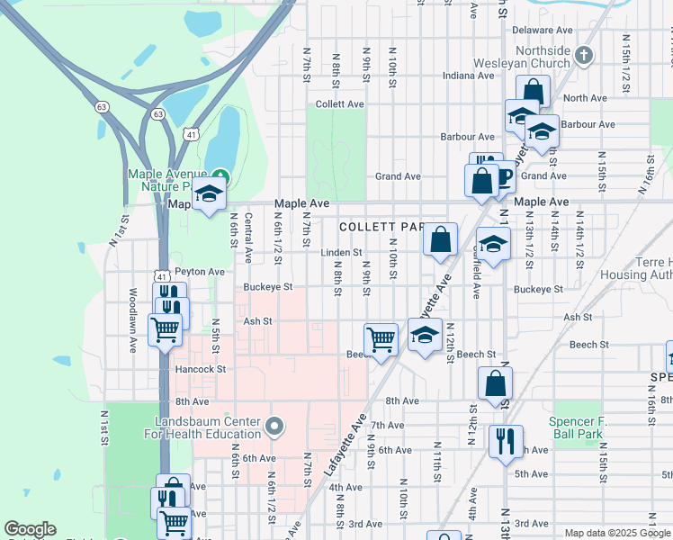 map of restaurants, bars, coffee shops, grocery stores, and more near 701 Buckeye Street in Terre Haute