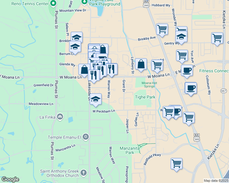 map of restaurants, bars, coffee shops, grocery stores, and more near 520 Warren Court in Reno