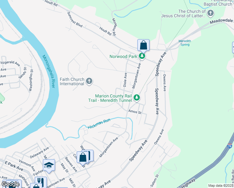 map of restaurants, bars, coffee shops, grocery stores, and more near 1808 Dixie Avenue in Fairmont