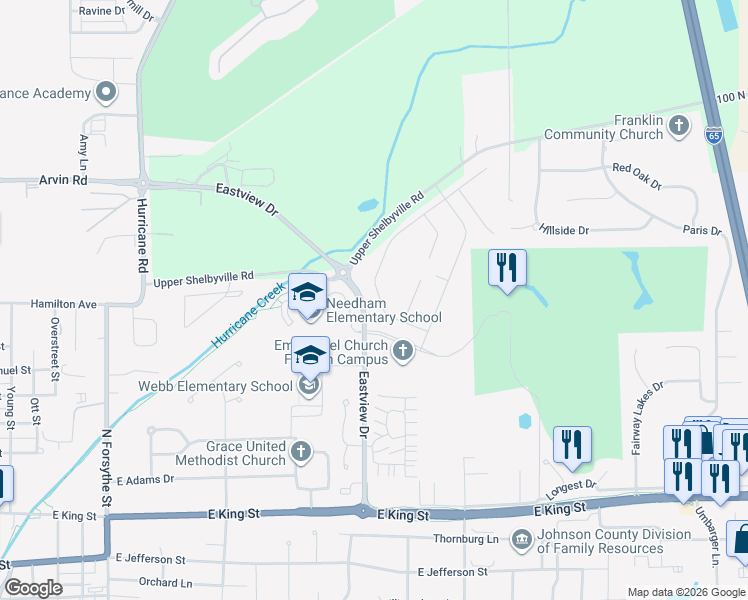 map of restaurants, bars, coffee shops, grocery stores, and more near 3513-3553 Eastview Dr in Franklin