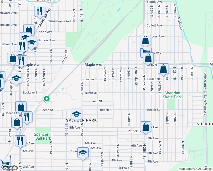 map of restaurants, bars, coffee shops, grocery stores, and more near 2003 North 21st Street in Terre Haute