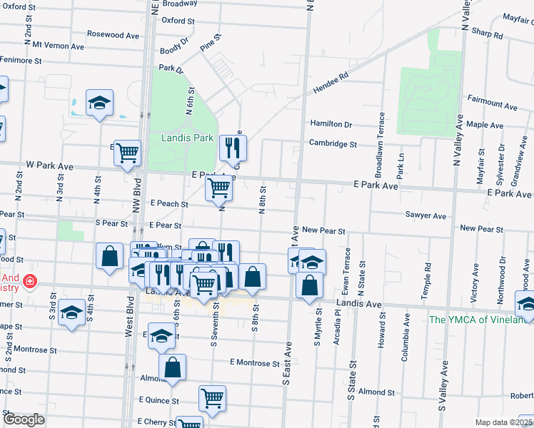 map of restaurants, bars, coffee shops, grocery stores, and more near 808 East Pear Street in Vineland