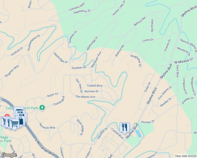 map of restaurants, bars, coffee shops, grocery stores, and more near 3335 Cashill Boulevard in Reno