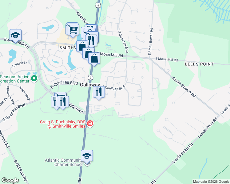 map of restaurants, bars, coffee shops, grocery stores, and more near 804 East Eagle Point Place in Galloway