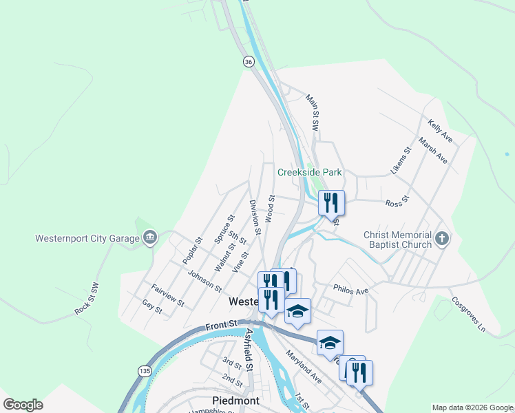 map of restaurants, bars, coffee shops, grocery stores, and more near 444 Walnut Street in Westernport